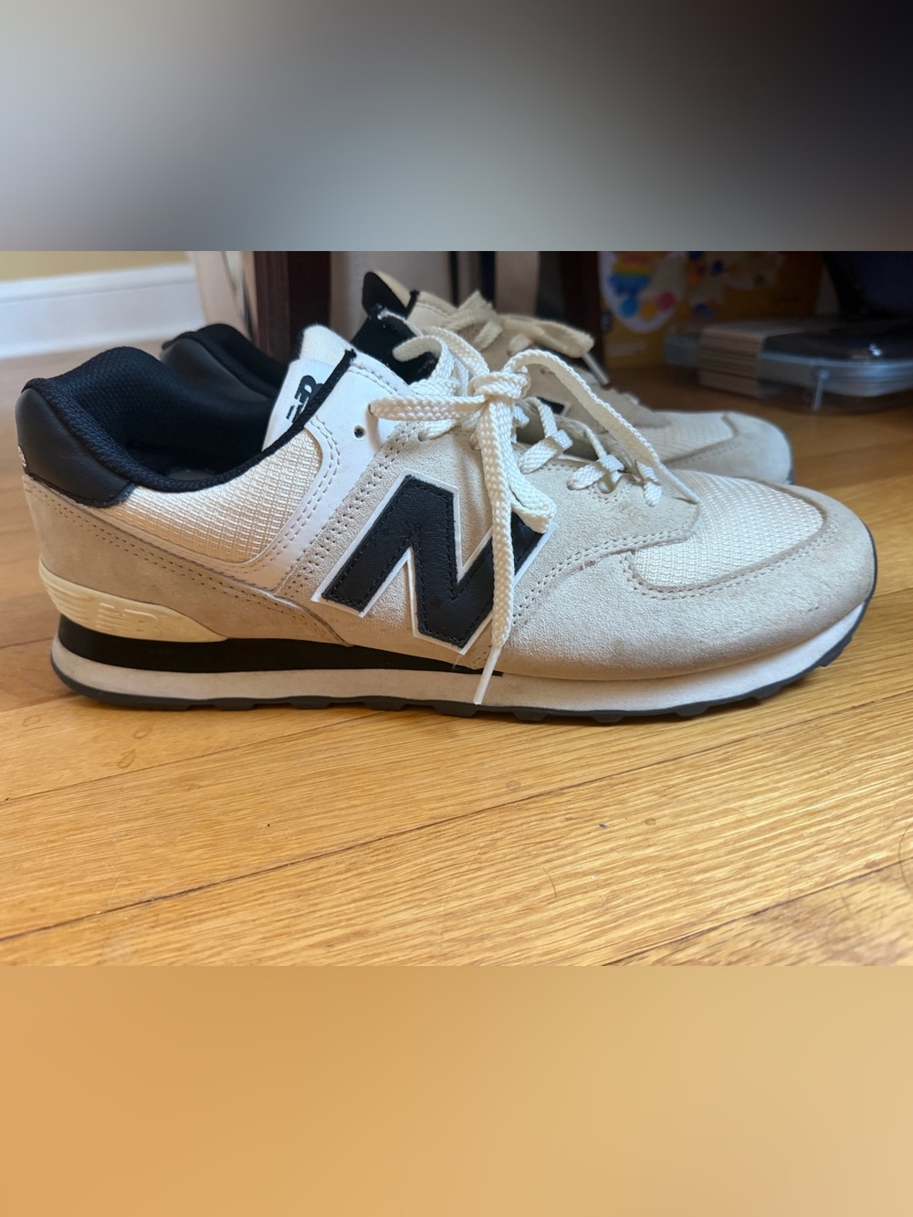 New Balance Men’s 574 Core Sneaker “Macadamia Nut” and Navy Color Size 12